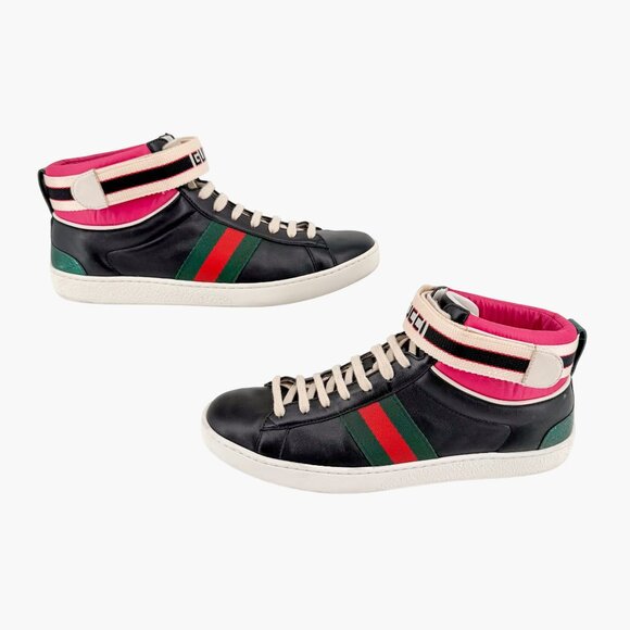 Gucci "New Ace" Black Leather High Top Sneakers Shoes Size 38.5 US 8.5 Women's - Picture 10 of 16